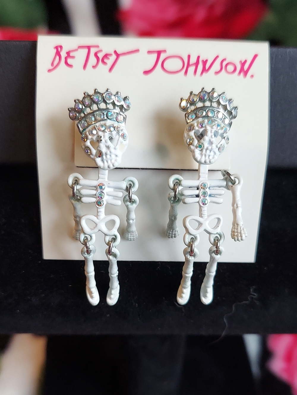 Betsey Johnson White Skeleton Drop Earrings with Iridescent Crystals